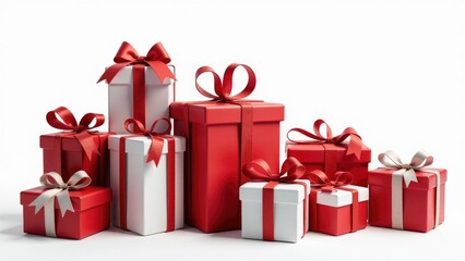 A pile of red and white gift boxes with bows, perfect for holidays and celebrations