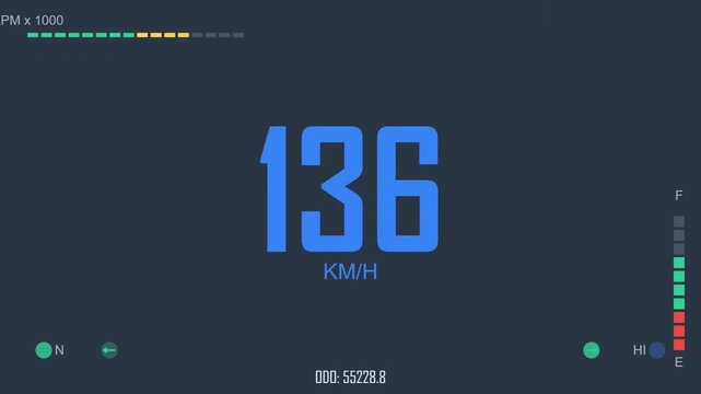 Digital Car Speedometer and Odometer Animation Increasing Speed 123 to 142 KMH on Dark HUD Interface