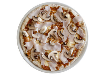Pizza with ham and mushrooms top view