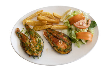 Grilled salmon portions with fries and fresh salad
