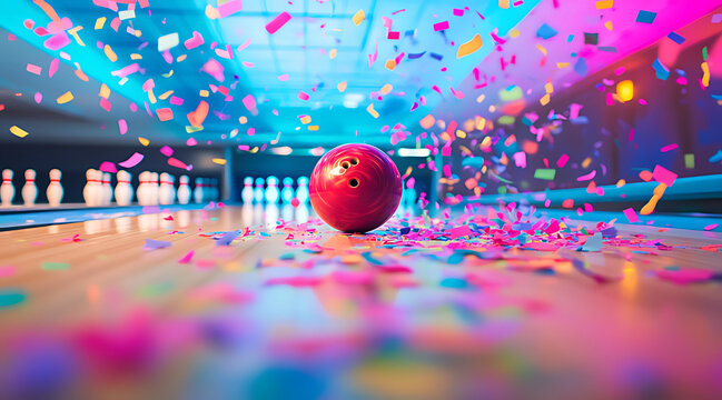 A bowling ball rolling towards the pins leaving confetti
