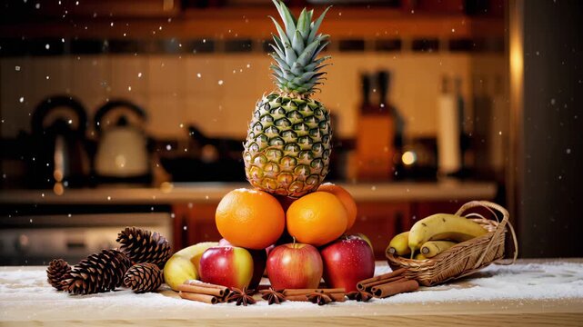 Christmas tree made from tropical fruits like pineapple and oranges. Creative New Year greeting animation with snow effect