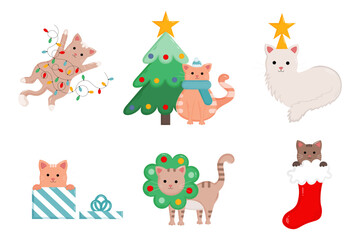Obraz premium Cute collection with Christmas cats isolated on white background. Different cats with garland, Christmas tree, hat and scarf, star, gift, sock and Christmas wreath. Meowy Catsmas.Vector illustrations.