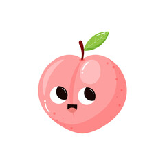 Cute peach isolated on white background. Garden fruit. Groovy style. Childish characters.Design elements for kids materials,books, healthy food, posters,  and farm posters. Vector illustration.