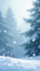 A serene winter scene featuring a snow-covered ground and tall trees in the background