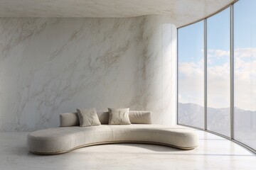 Curved contemporary seating arrangement positioned before expansive floor to ceiling windows overlooking a distant mountain range