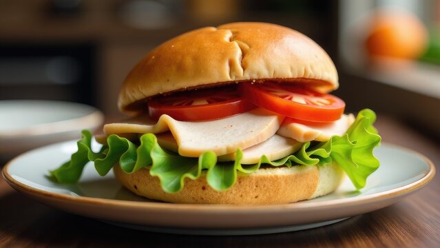 Freshly prepared sandwich on a clean plate, ideal for food photography and advertising