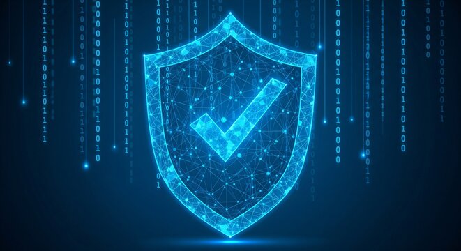 Cyber security background. Digital shield icon protecting cyber data with futuristic 3D technology design. Blue network security concept for safe information systems and data protection solutions. 
