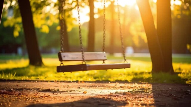 Wooden swing set in park bathed in warm sunlight during golden hour