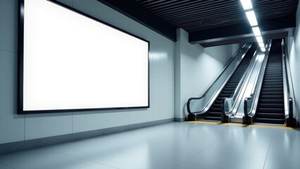 An empty escalator in a busy subway station