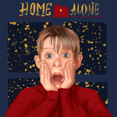 Home Alone illustration. Illustration of a screaming boy from the movie. Christmas comedy card. Merry Christmas
