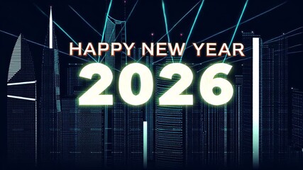 Futuristic Happy New Year 2026 animation with glowing digits and cyber city skyline. Retrofuturism holiday greeting concept with neon lines and lights - Powered by Adobe