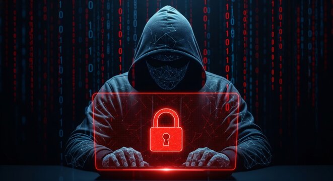 Cyber security threat concept with hacker silhouette in low poly style. Glowing red lock icon on dark digital background symbolizes online fraud and cyber attack danger.
