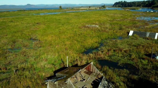 US, OR, Svenson, 2025-10-21 - Drone view of sunken and abandoned housees on an offshoot of the Columbia River near Astoria, Oregon in Fall