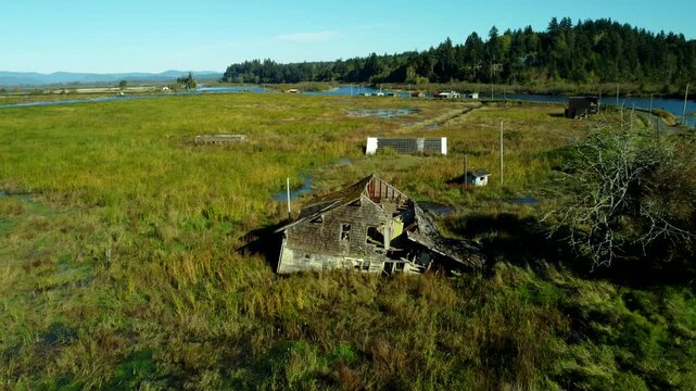 US, OR, Svenson, 2025-10-21 - Drone view of sunken and abandoned housees on an offshoot of the Columbia River near Astoria, Oregon in Fall