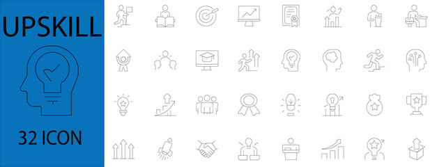 Upskill Icon Set. Features 32 minimal line icons for learning, skill development, career growth, 
training, productivity, and personal improvement. Ideal for business, education, and e-learning use.