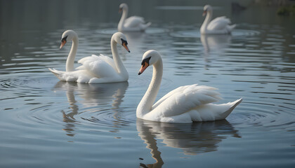 Many white swans swimming together in a water body, capturing natural movement, elegant birds, reflective water surface, and scenic outdoor environment in daylight