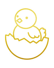 illustration: young olden chick sitting in broken easter egg shell isolated on white or transparent png