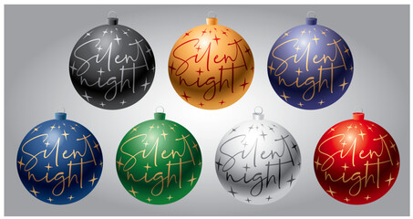 vector illustration of 3d Christmas balls with text of song Silent Night and stars
