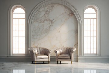 Symmetrical interior composition featuring two plush armchairs set against a marbled architectural niche between tall arched windows