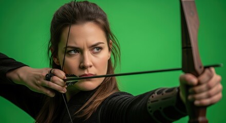 A focused woman aims a bow and arrow against a green screen