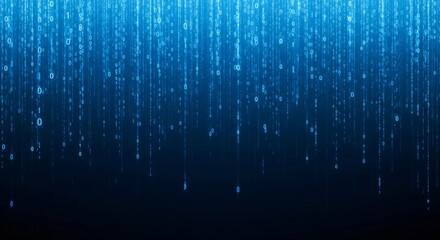 Binary code rain background in blue. Abstract matrix effect with flowing numbers 0 and 1. Futuristic tech, data stream, cyber security, computer software and digital system design.
