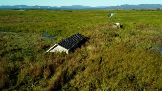 US, OR, Svenson, 2025-10-21 - Drone view of sunken and abandoned housees on an offshoot of the Columbia River near Astoria, Oregon in Fall