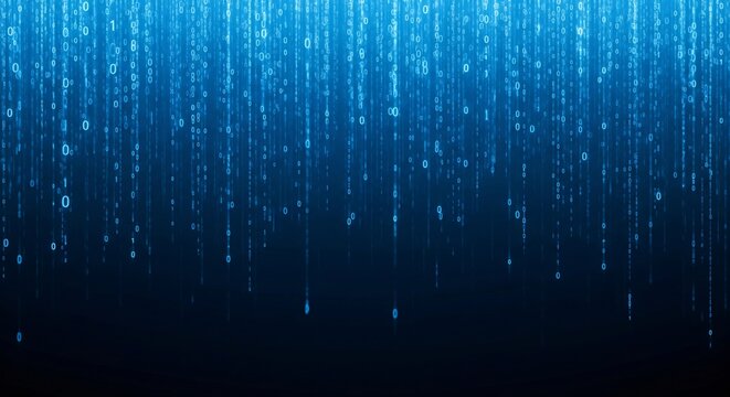 Binary code rain background in blue. Abstract matrix effect with flowing numbers 0 and 1. Futuristic tech, data stream, cyber security, computer software and digital system design.
