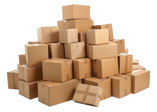 Large messy pile of sealed brown cardboard isolated on a transparent background.