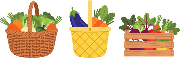 Vegetable baskets and crate vector illustration set showing fresh organic produce for farm market and grocery concepts