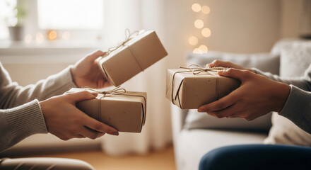 Diverse Hands Exchanging Eco-Friendly Holiday Gifts