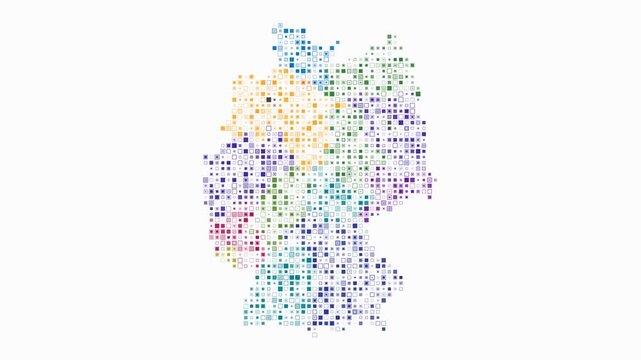 Germany map animation. Shape of the country with pulsating colored dots. Small size square blocks. Digital style Germany map on white background. Vibrant video.