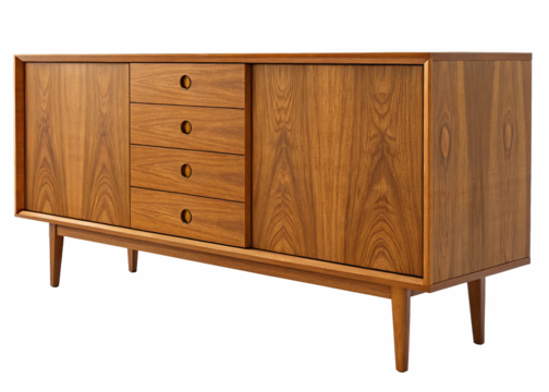 Mid-century modern wooden sideboard isolated on a transparent background. - Powered by Adobe