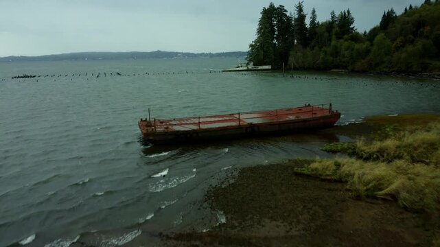 US, WA, Chinook, 2025-10-25 - Drone view of the wreck of the hydrofoil USS Plainview on the Columbia River