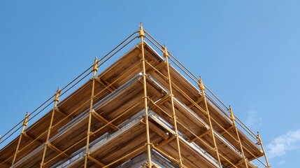 Fototapeta premium Construction scaffolding encircling the corner of a building against a clear blue sky