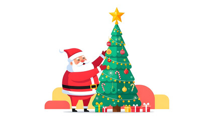 Naklejka premium Santa Claus decorating Christmas tree modern flat vector illustration