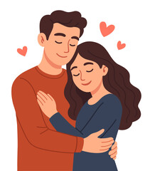 Loving couple hugging. Flat illustration for valentine day. Young lovers. Guy and girl hugging. Man and woman in a gentle embrace with hearts
