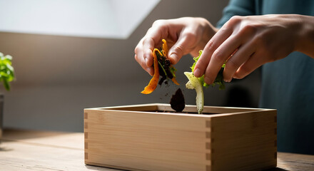 Hands Composting Kitchen Scraps in Winter