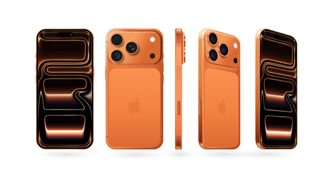 Apple iPhone 17 Pro, Pro Max from different angles, in the official Cosmic Orange color. Vector illustration. Transparent background.