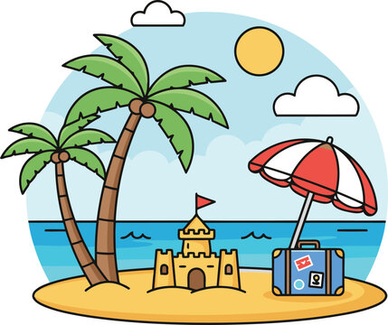 Explore serene beach getaways with palm trees and a whimsical sandcastle under sunny skies