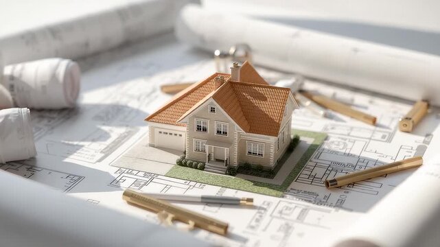 Detailed architectural planning scene featuring a miniature house model placed on bright blueprints with drafting tools highlighting residential design work