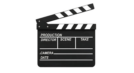 Classic black film production clapperboard with white text isolated on transparent background
