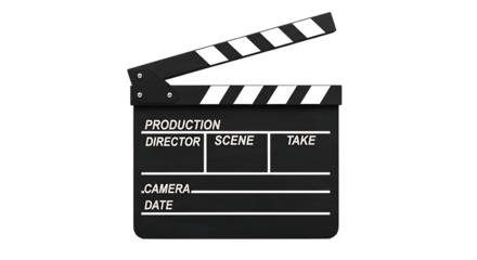Classic black film production clapperboard with white text isolated on transparent background