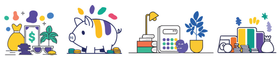 Obraz premium Collection of modern abstract flat line icons representing financial strategy growth and investment concepts