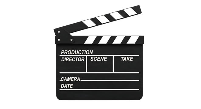 Classic black film production clapperboard with white text isolated on transparent background
