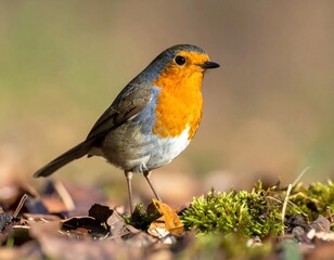 A vibrant, close-up photograph captures a small, colorful bird standing on moss-covered ground with a soft, blurred background