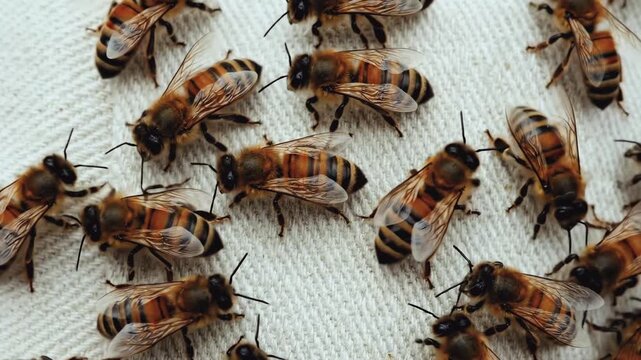 Close-up of a swarm of honey bees crawling on a white textured surface. Group of insects moving together in a colony. Beekeeping and nature concept