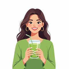 Smiling woman holding a glass of green juice or smoothie. Healthy lifestyle, diet, and nutrition concept. Flat design character graphic