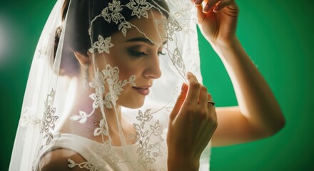 A beautiful bride delicately holding her veil, green background