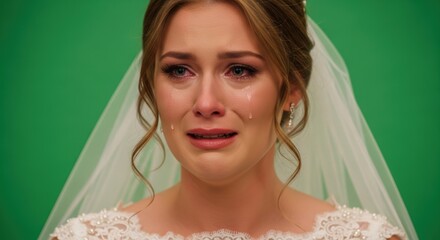Close-up of a bride crying, tears streaming down her face, wearing a veil and a dress
